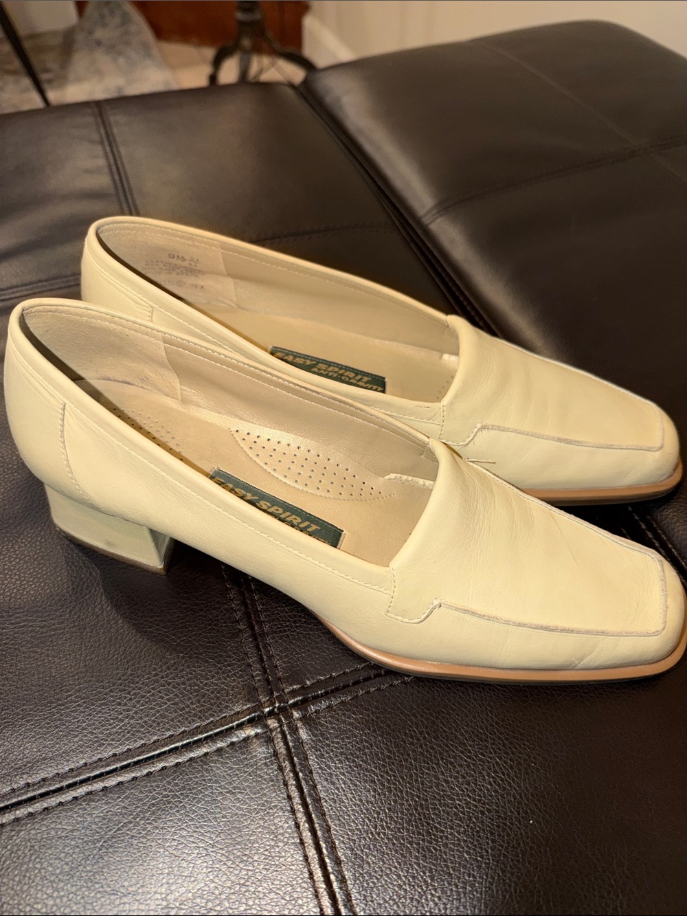 Easy Spirit Cream Leather Square-Toe Slip-On Pump
